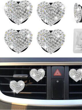 4 Car Bling Heart Vent Clips Crystal Rhinestones Air Vent Clips